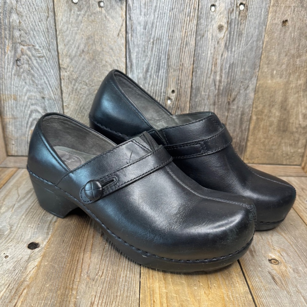 Dansko Black Leather Strap Clogs Block Heel Professional Shoes Womens 39